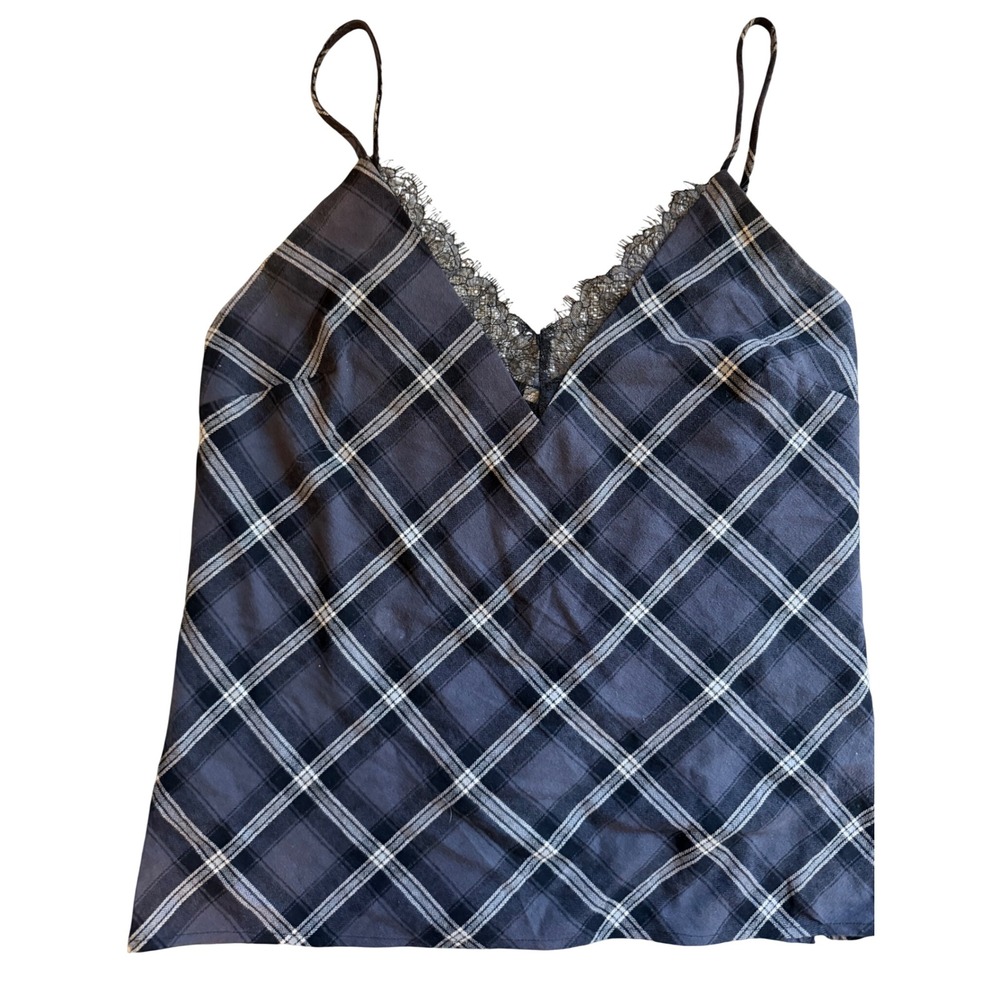 Gold Hawk Plaid Lace Trim Camisole Top Charcoal Gray Large NWT - Picture 3 of 10